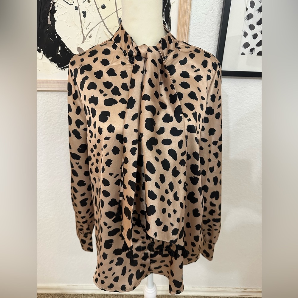 Animal print button down blouse with tie